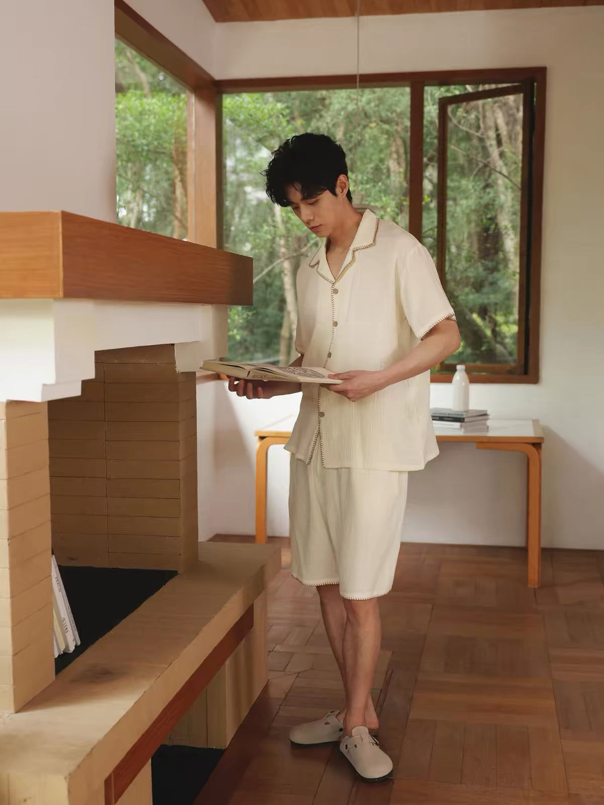 Beige Men's Cotton Gauze Pajama Set, Summer Sleepwear