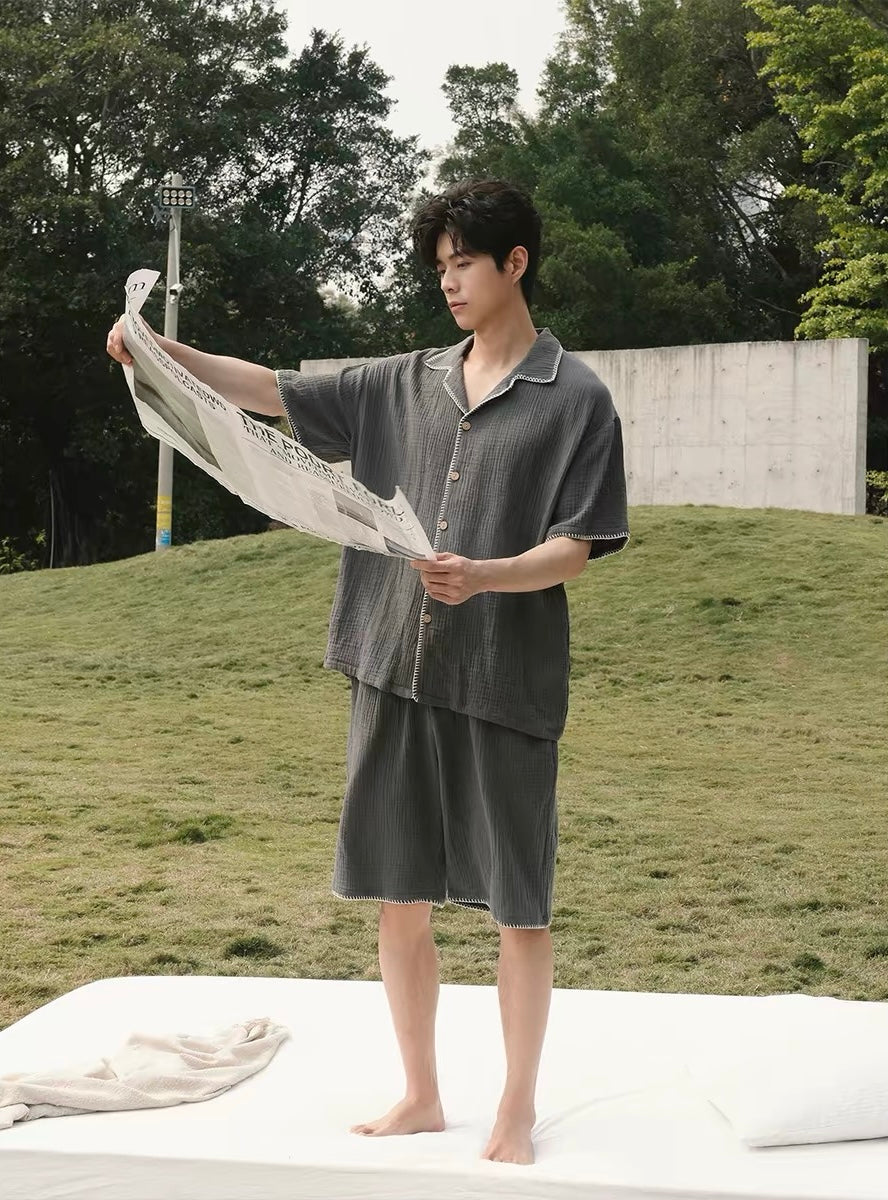 Beige Men's Cotton Gauze Pajama Set, Summer Sleepwear