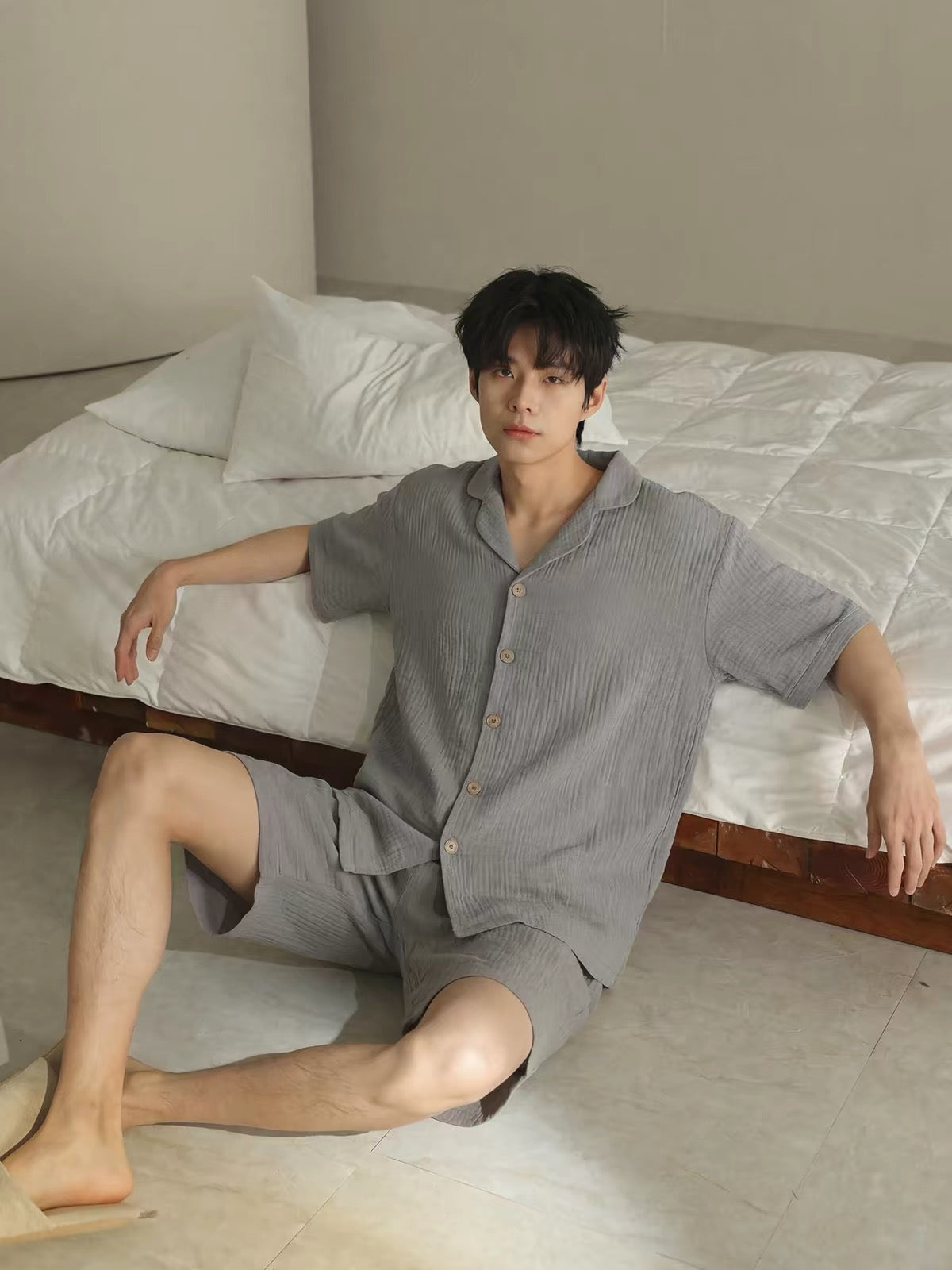Men's Grey Muslin Lounge Set, Men's Shorts Set