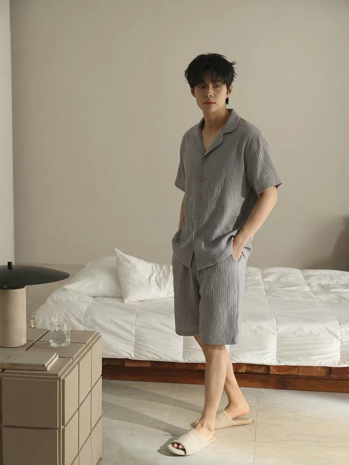 Men's Grey Muslin Lounge Set, Men's Shorts Set