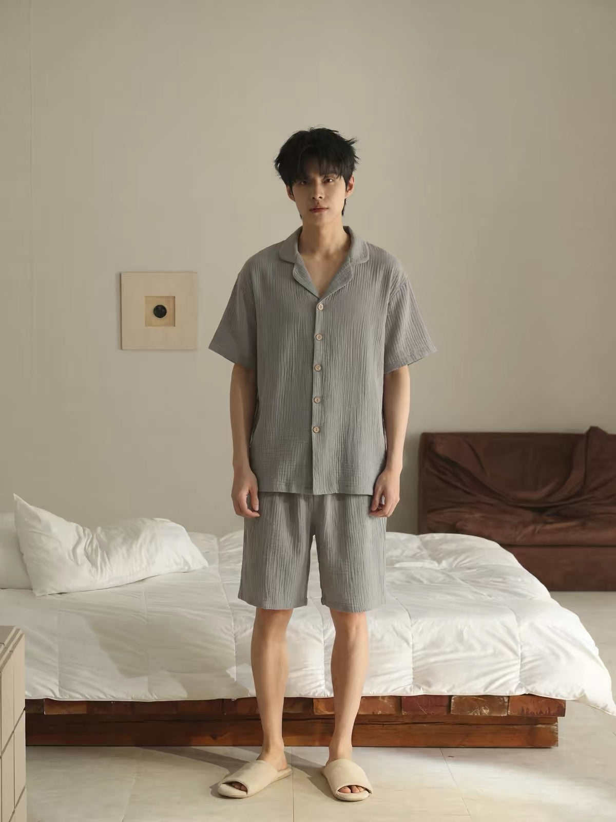 Men's Grey Muslin Lounge Set, Men's Shorts Set