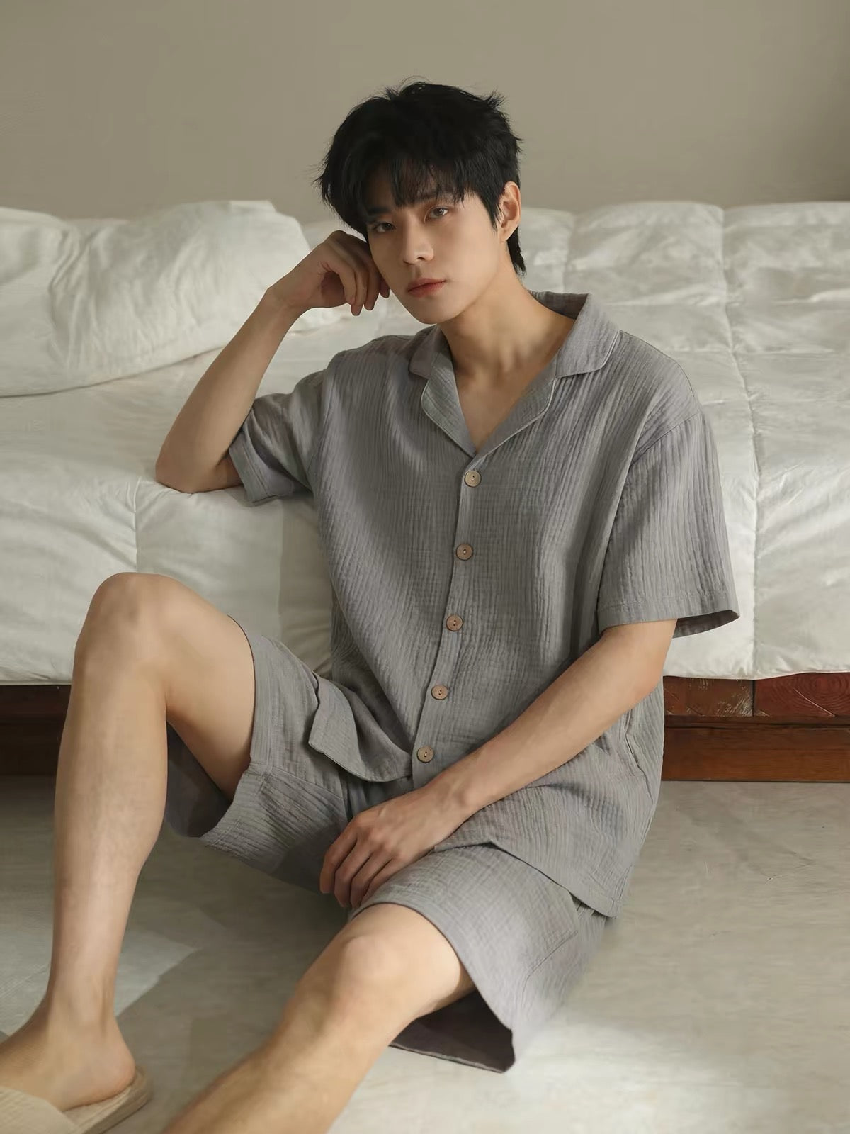 Men's Grey Muslin Lounge Set, Men's Shorts Set