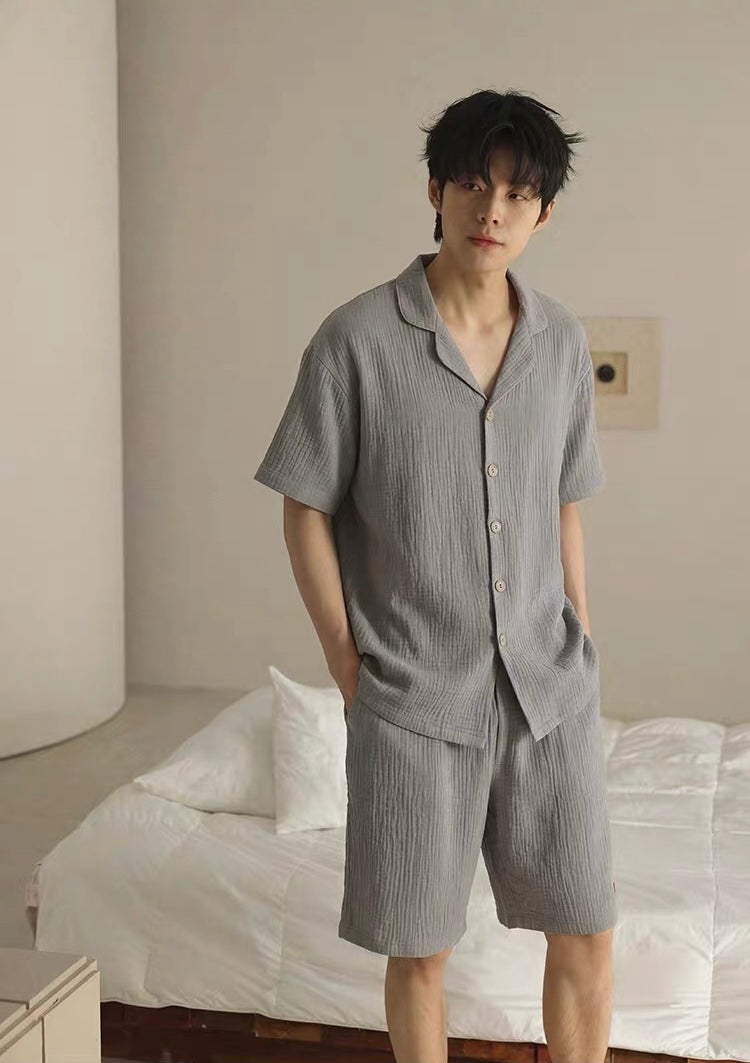 Men's Grey Muslin Lounge Set, Men's Shorts Set