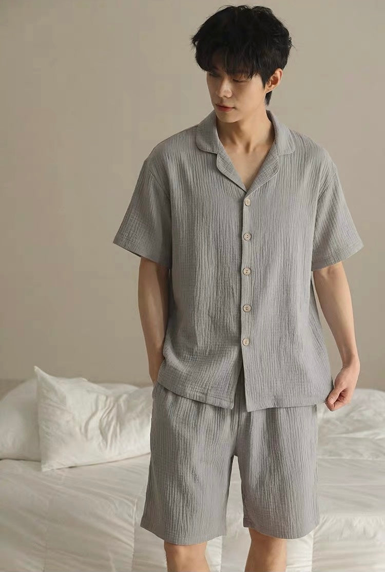 Men's Grey Muslin Lounge Set, Men's Shorts Set