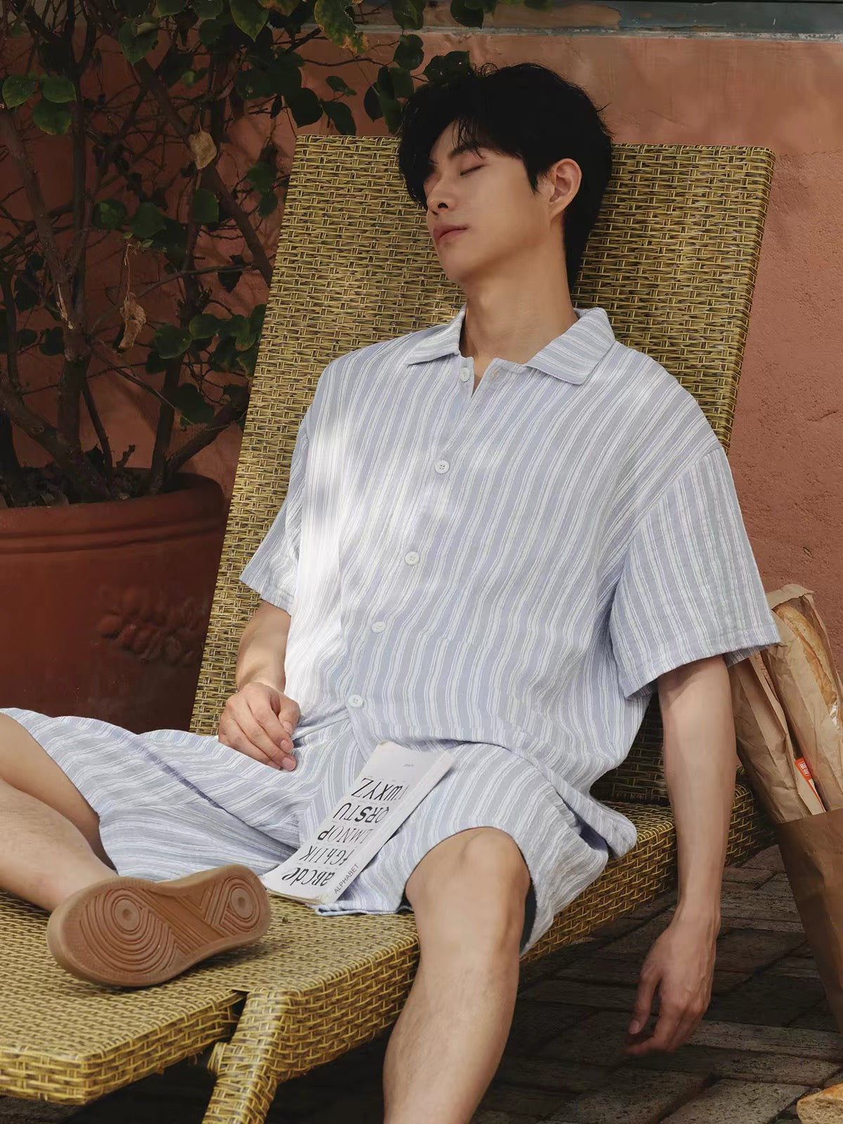 Blue  Striped Men's Cotton Lounge Set, Summer Relax Outfit