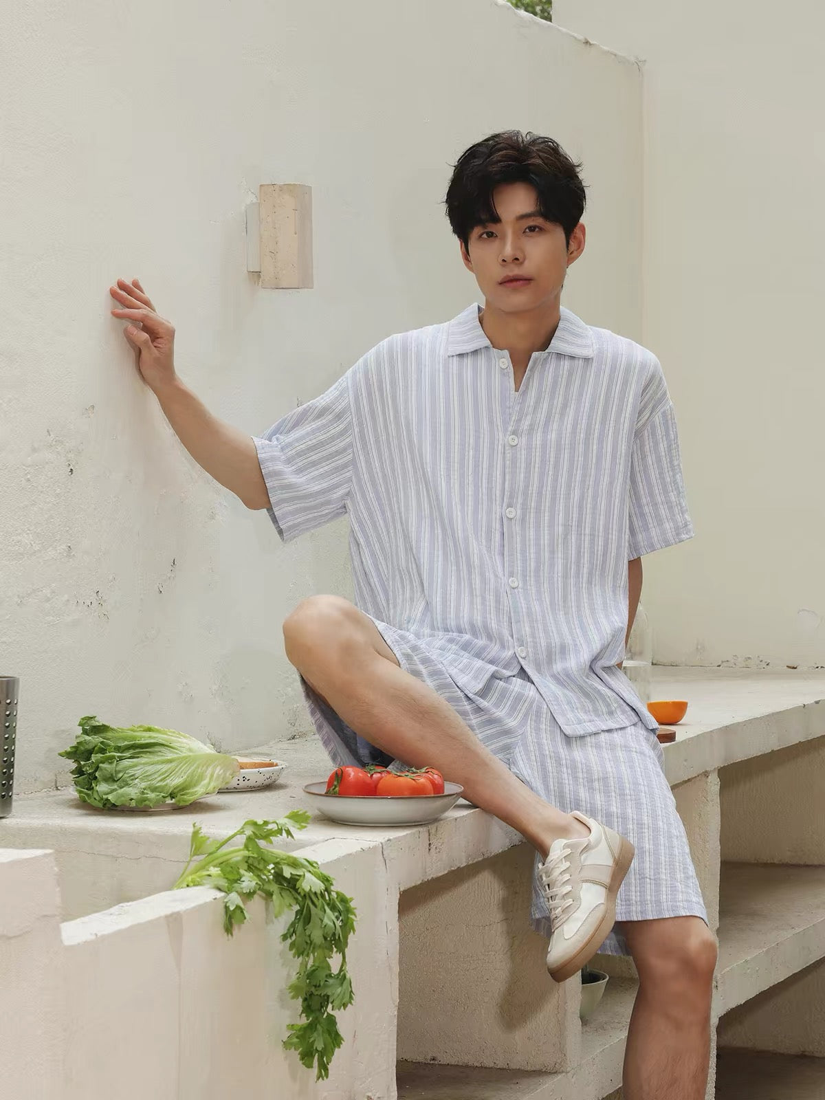 Blue  Striped Men's Cotton Lounge Set, Summer Relax Outfit