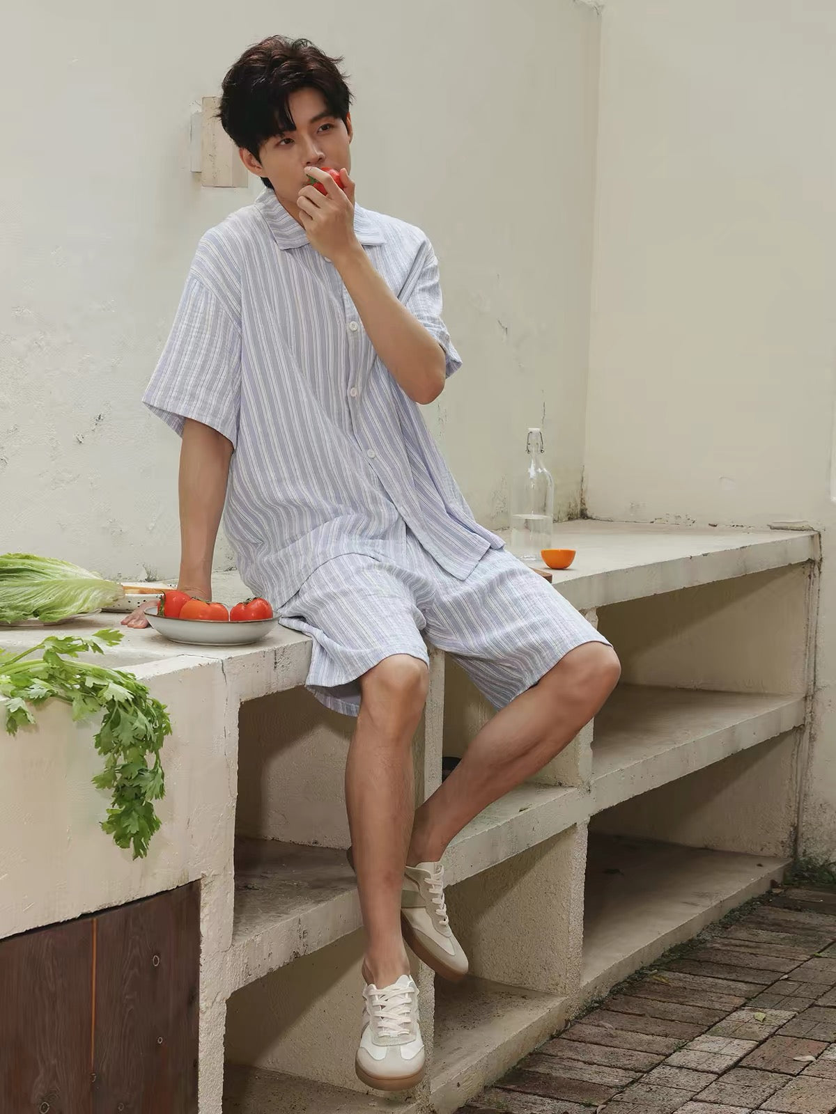 Blue  Striped Men's Cotton Lounge Set, Summer Relax Outfit