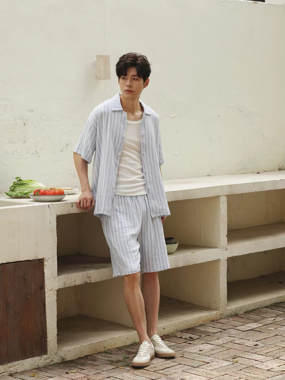 Blue  Striped Men's Cotton Lounge Set, Summer Relax Outfit