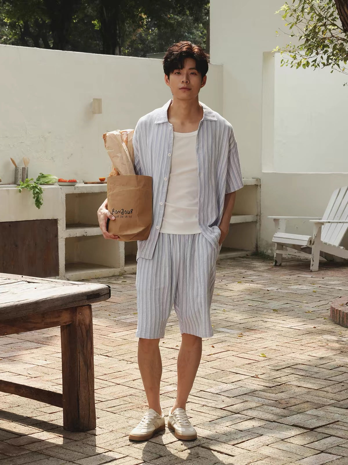 Blue  Striped Men's Cotton Lounge Set, Summer Relax Outfit