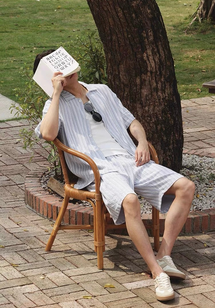 Blue  Striped Men's Cotton Lounge Set, Summer Relax Outfit