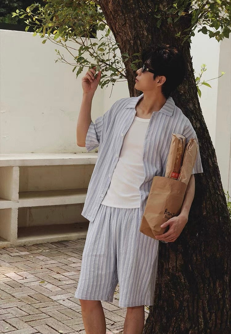 Blue  Striped Men's Cotton Lounge Set, Summer Relax Outfit