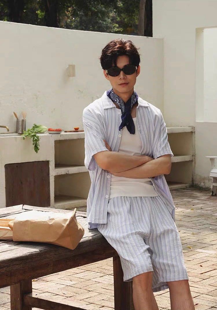 Blue  Striped Men's Cotton Lounge Set, Summer Relax Outfit