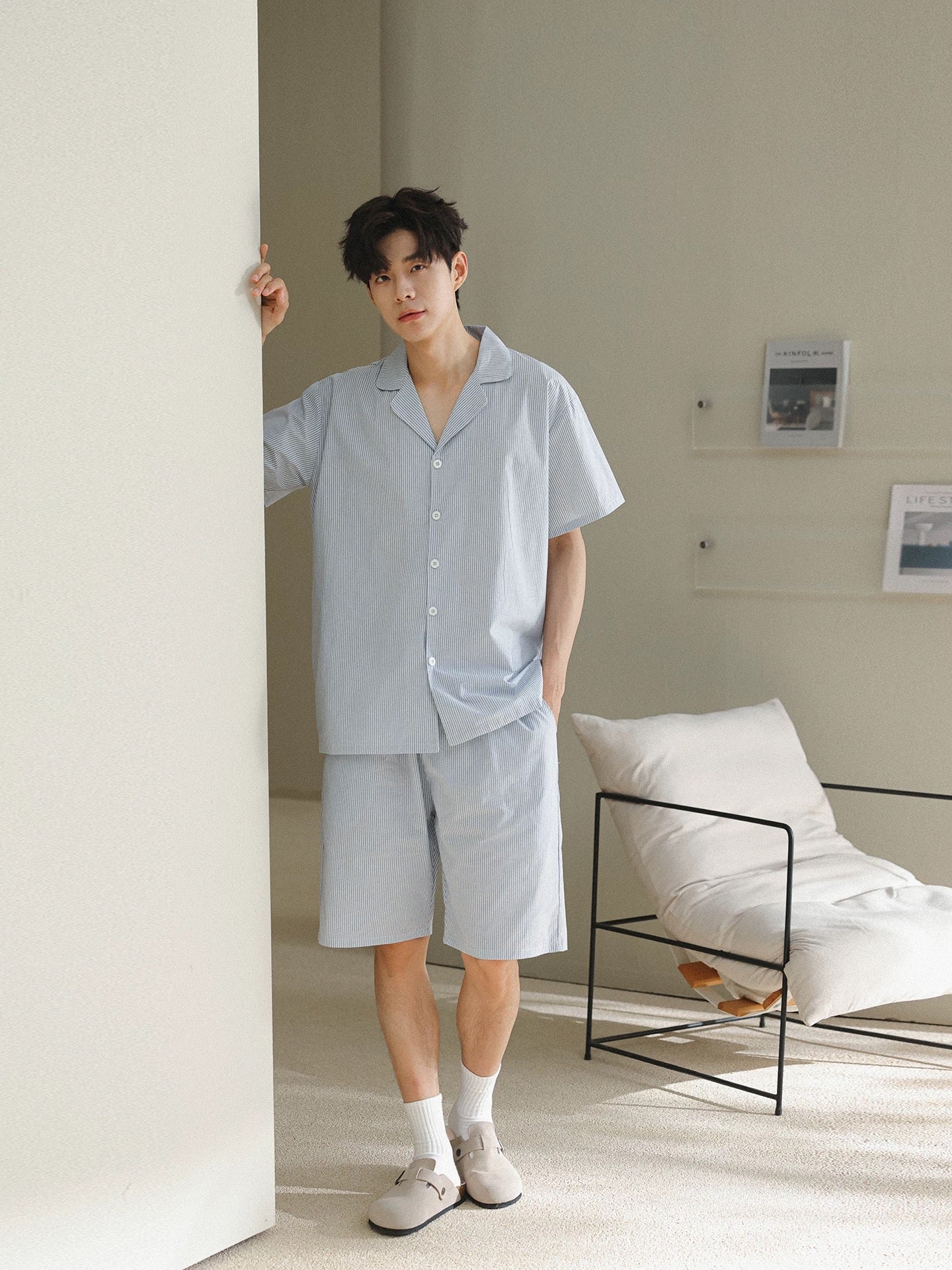 Men's Cotton Blue Stripe Lounge Set