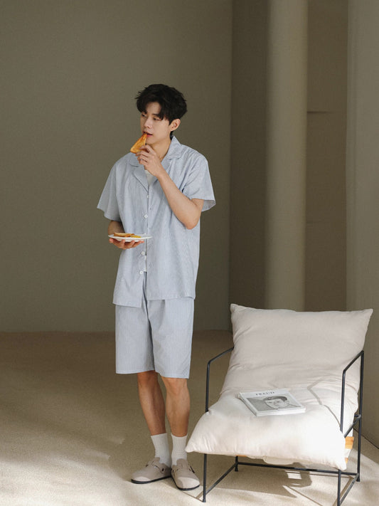 Men's blue striped cotton lounge set with shirt and shorts - view 1