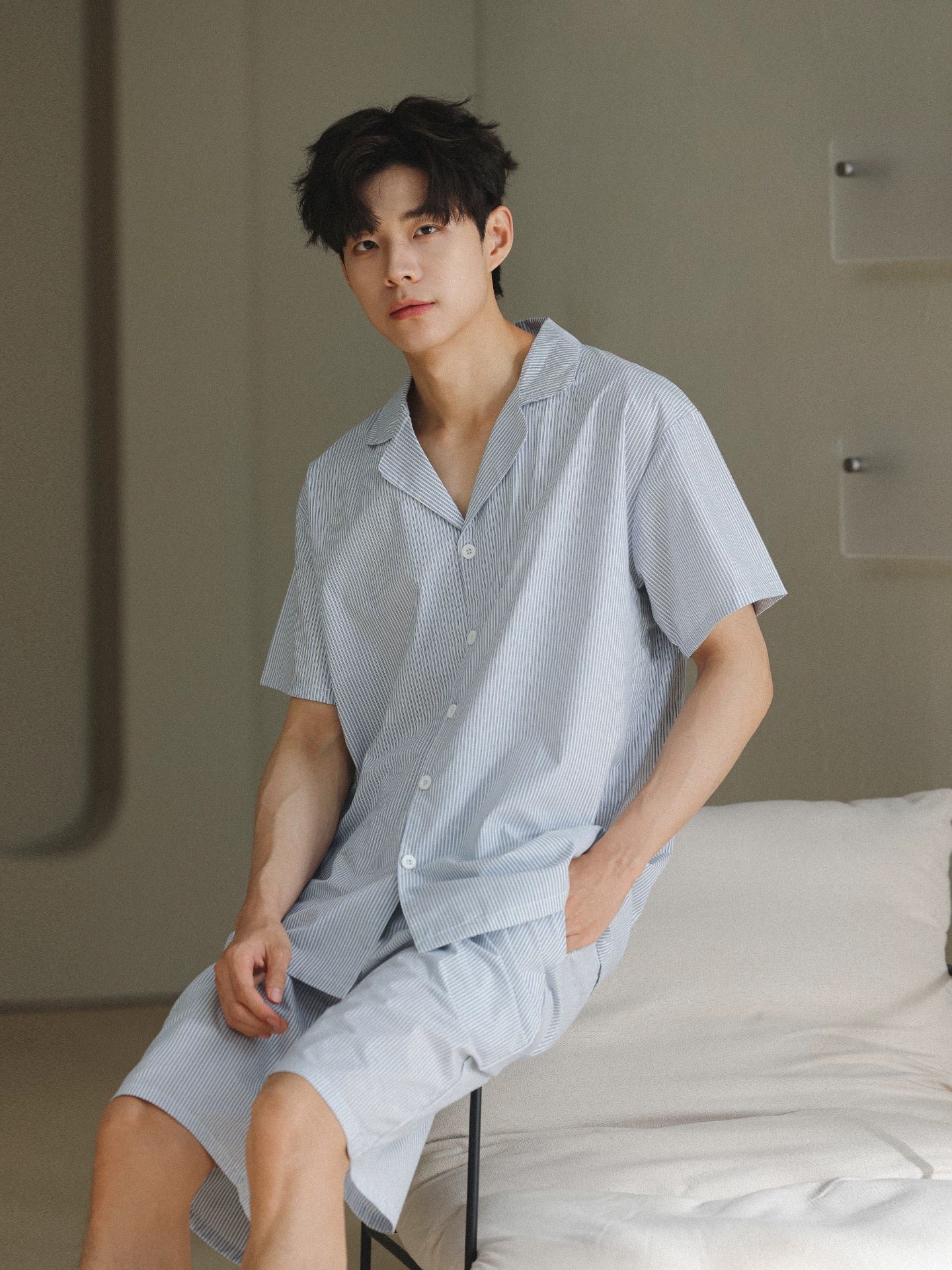 Men's Cotton Blue Stripe Lounge Set