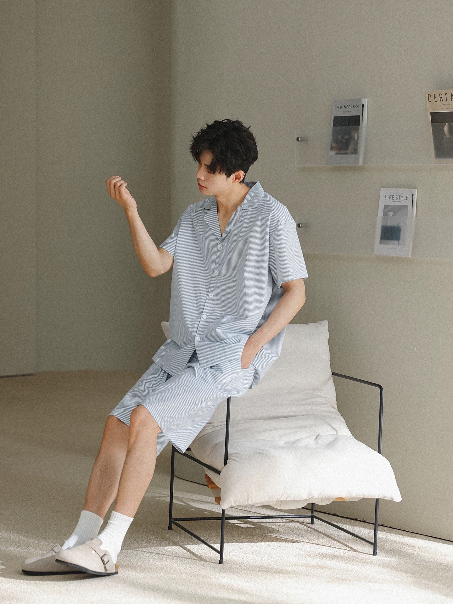 Men's Cotton Blue Stripe Lounge Set