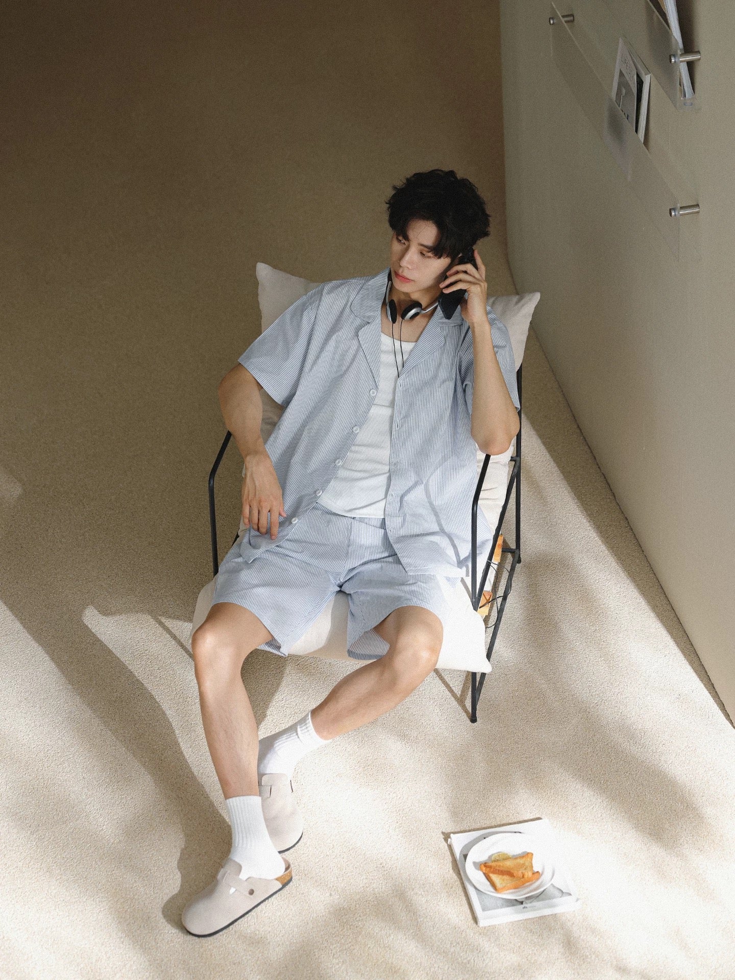Men's Cotton Blue Stripe Lounge Set