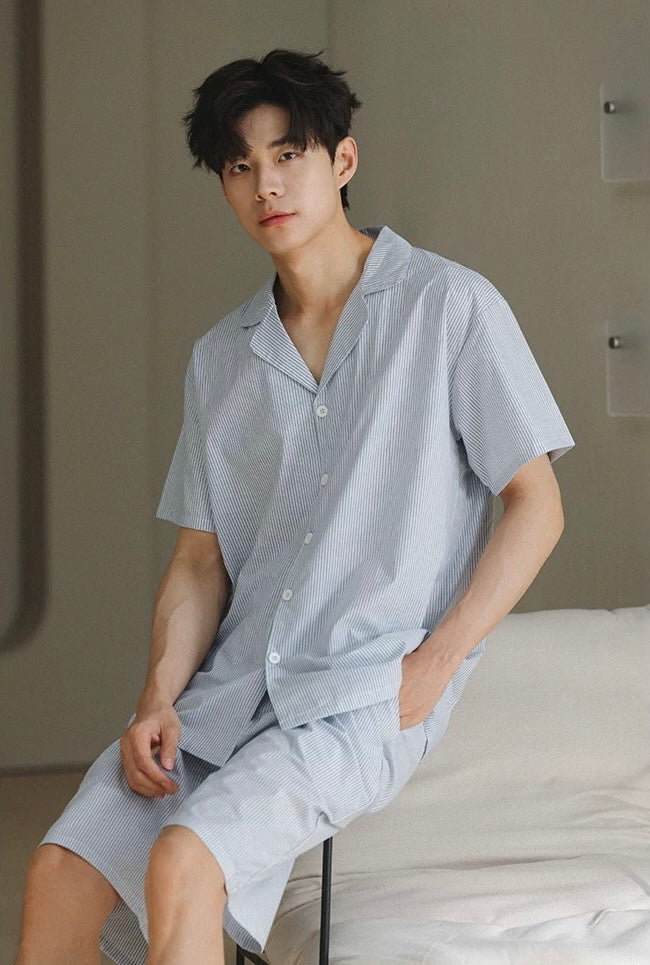 Men's Cotton Blue Stripe Lounge Set