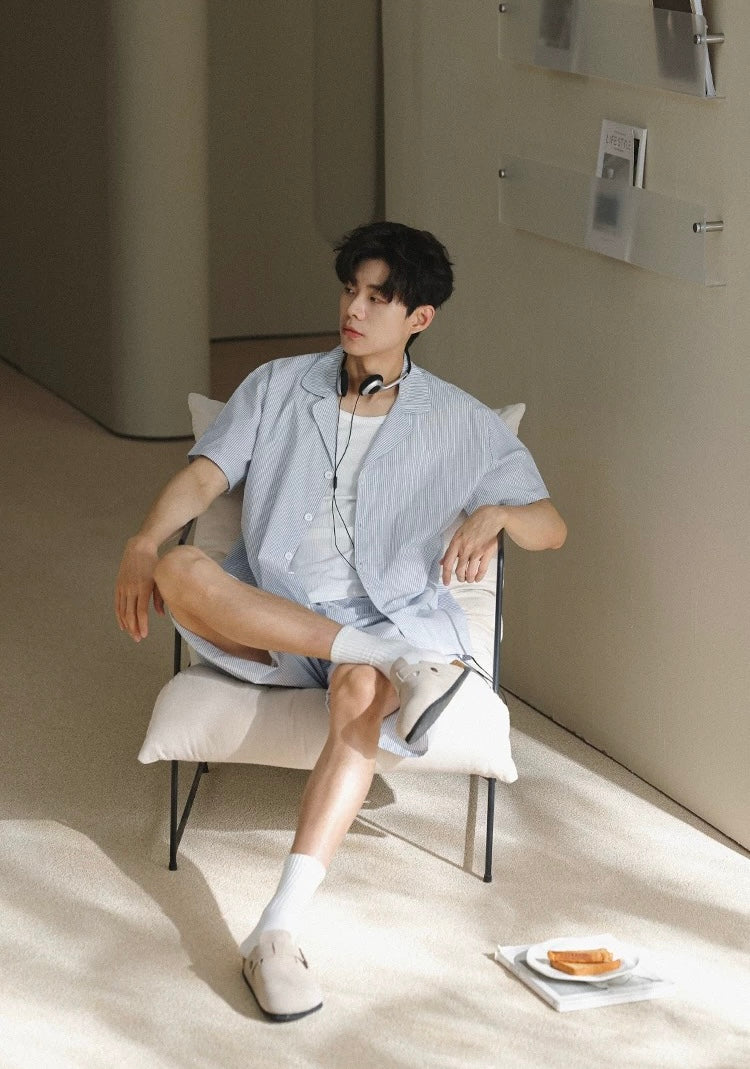 Men's Cotton Blue Stripe Lounge Set