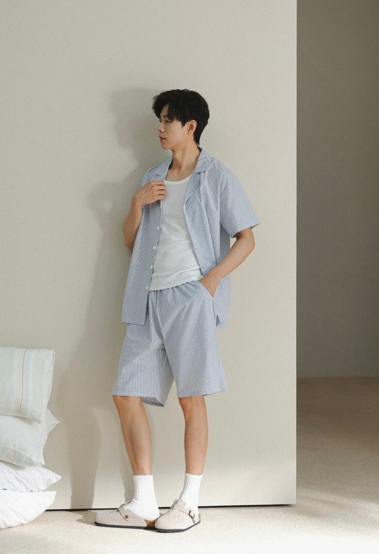 Men's Cotton Blue Stripe Lounge Set