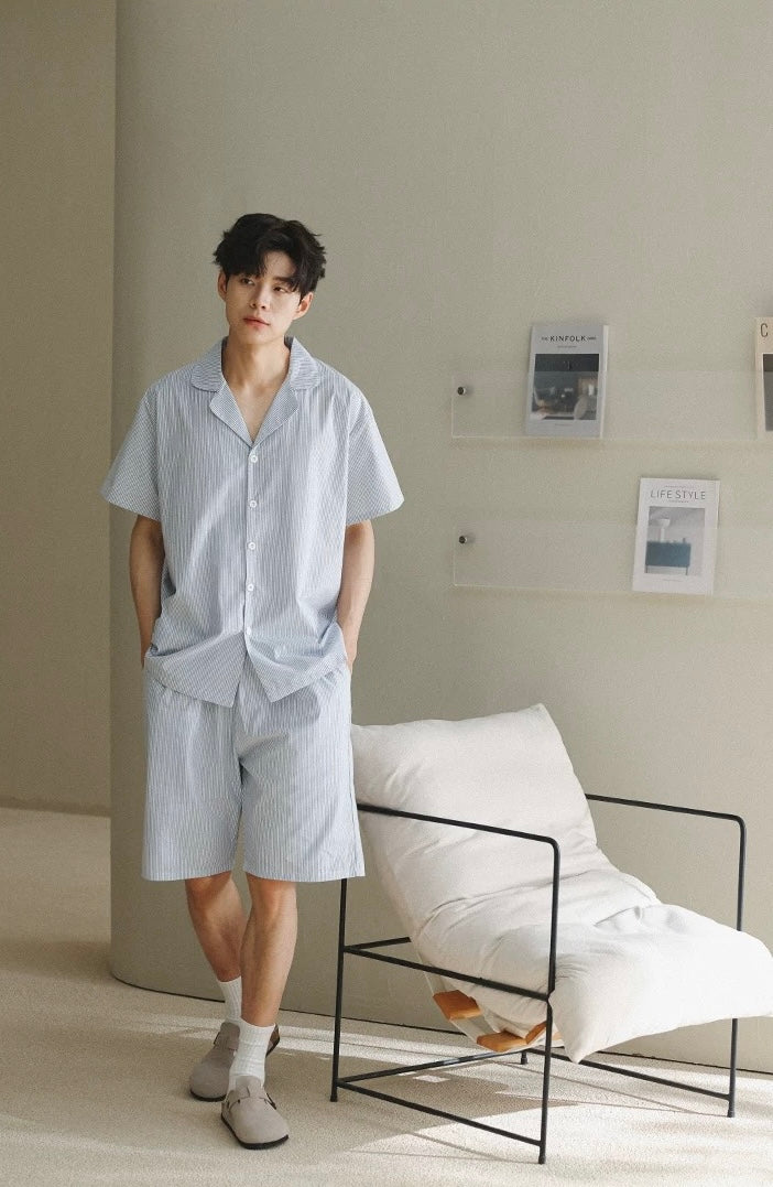 Men's Cotton Blue Stripe Lounge Set
