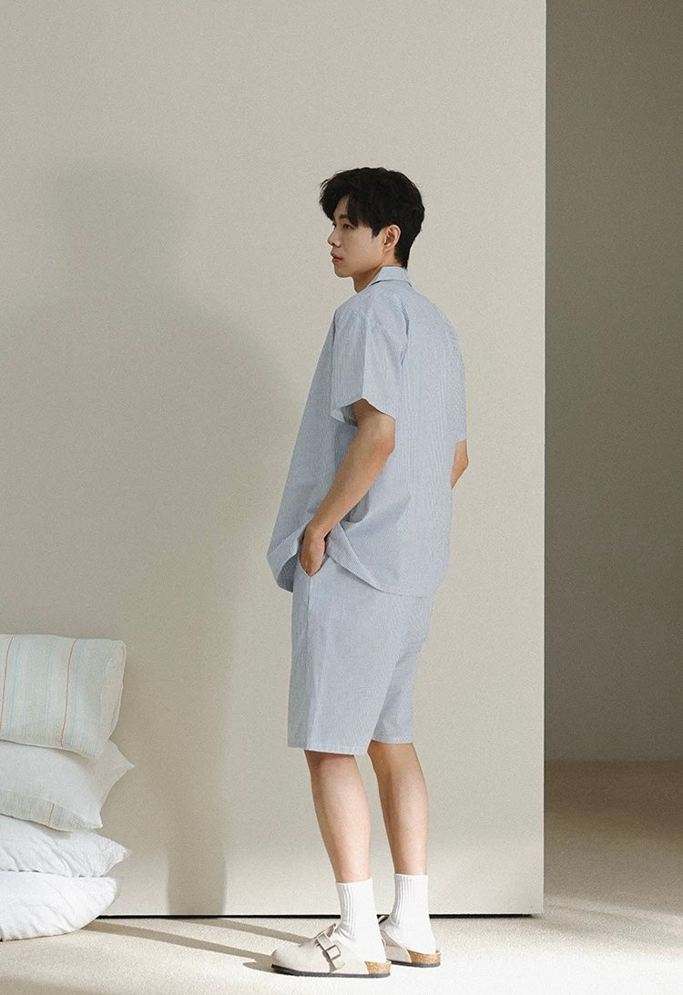 Men's Cotton Blue Stripe Lounge Set