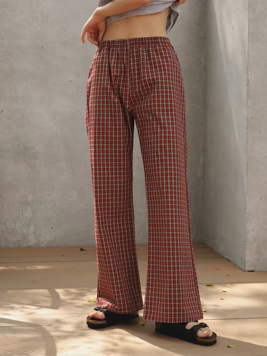 Vintage red plaid cotton lounge pants with relaxed fit - view 1