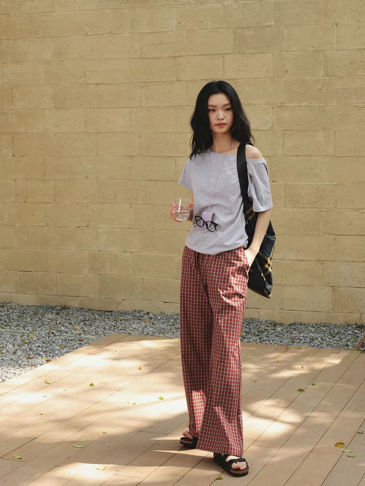 Vintage red plaid cotton lounge pants with relaxed fit - view 2