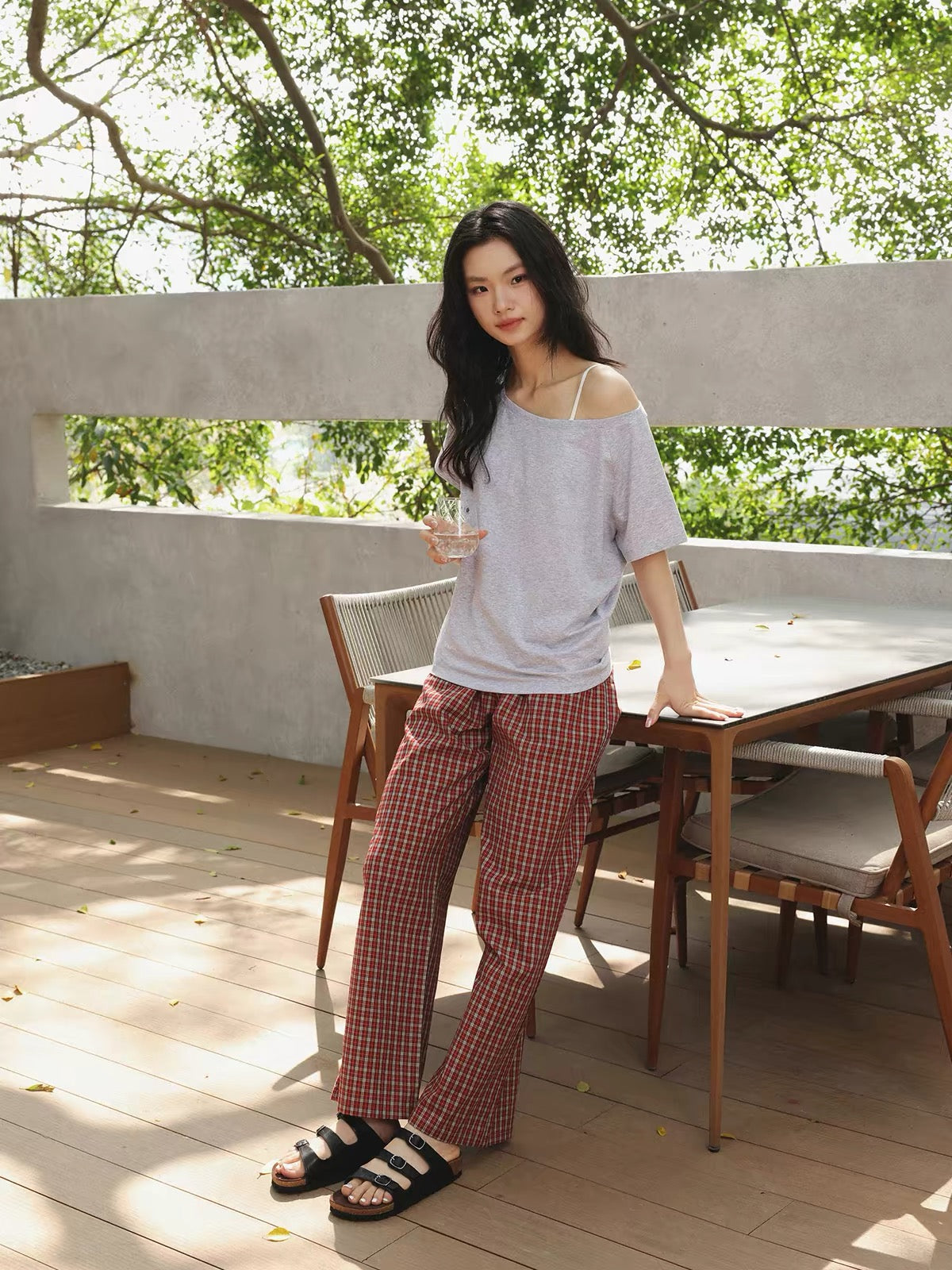 Vintage red plaid cotton lounge pants with relaxed fit - view 4
