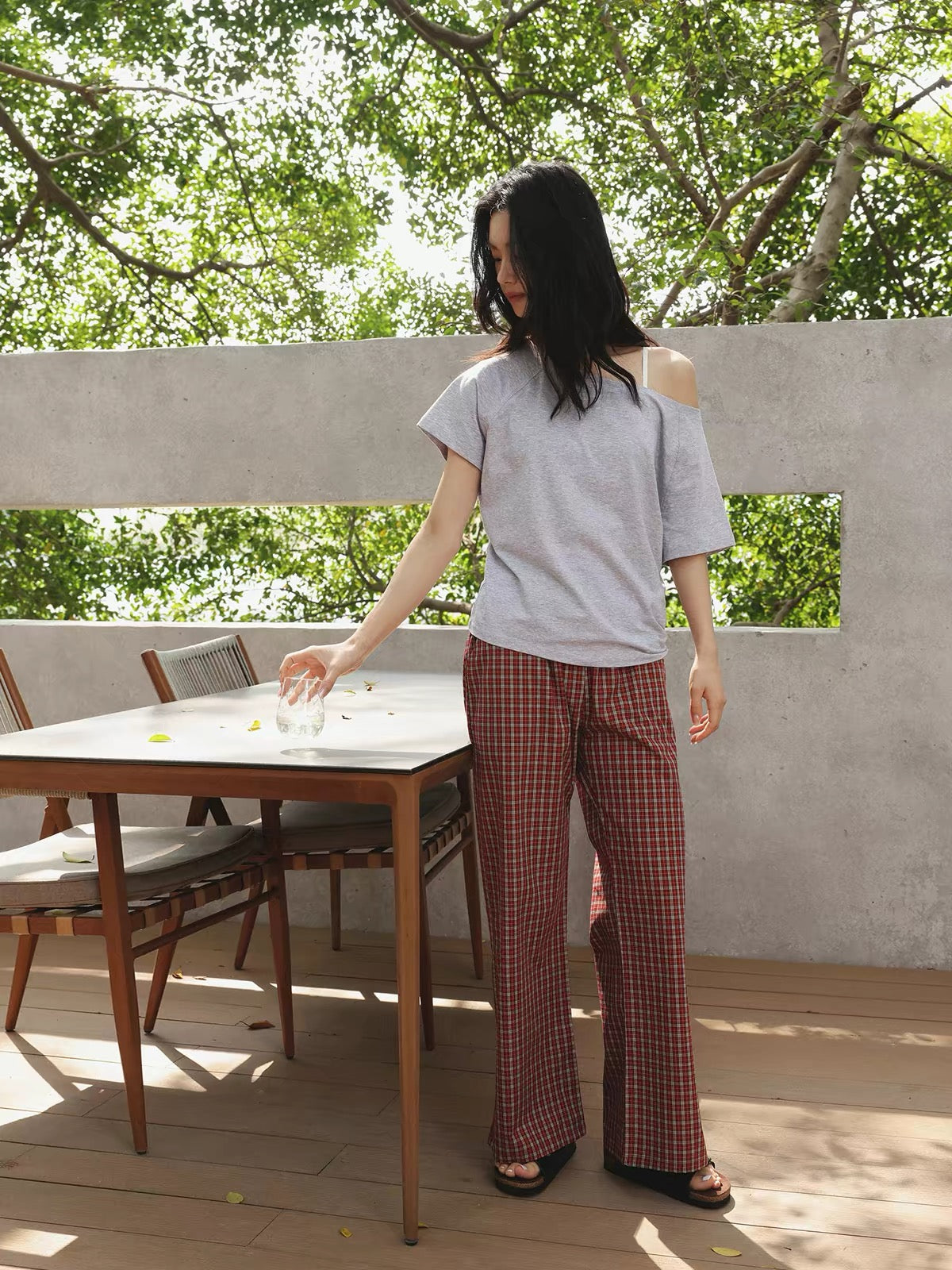 Vintage red plaid cotton lounge pants with relaxed fit - view 5