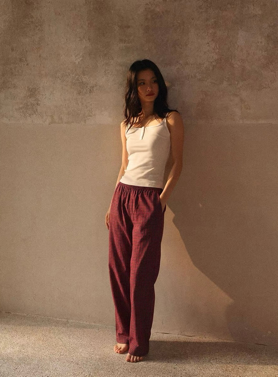 Vintage red plaid cotton lounge pants with relaxed fit - view 6