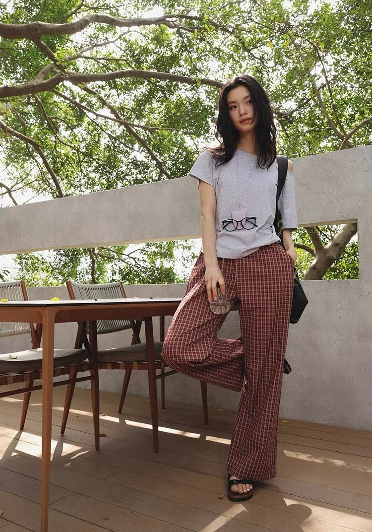 Vintage red plaid cotton lounge pants with relaxed fit - view 7