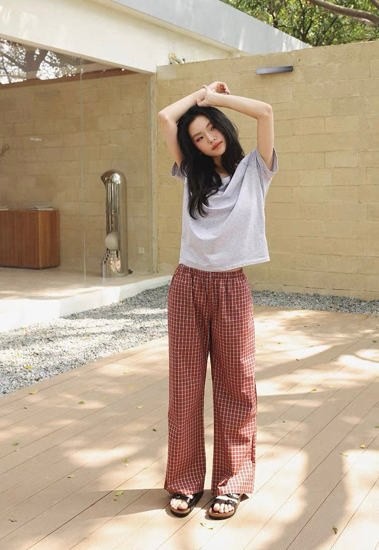 Vintage red plaid cotton lounge pants with relaxed fit - view 8