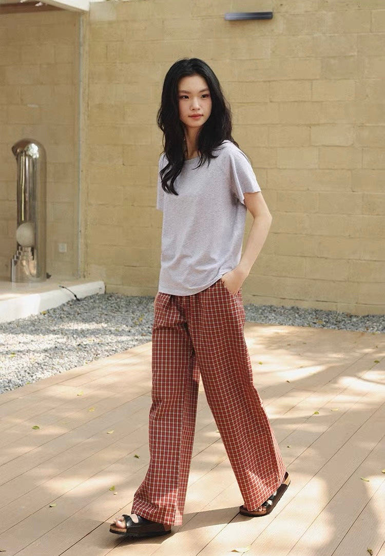Vintage red plaid cotton lounge pants with relaxed fit - view 9
