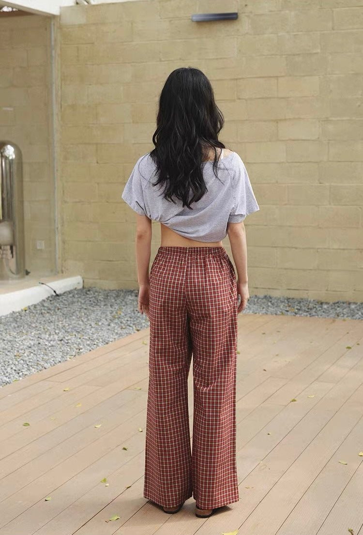 Vintage red plaid cotton lounge pants with relaxed fit - view 10