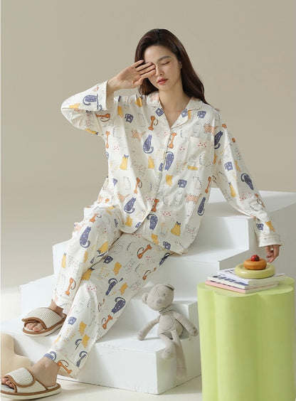 Cute Cat Print Pajama Set, Beige Shirt and Pants, Perfect for Cat Lovers