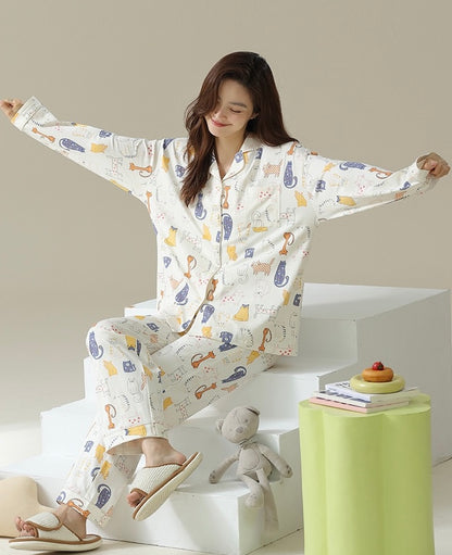 Cute Cat Print Pajama Set, Beige Shirt and Pants, Perfect for Cat Lovers