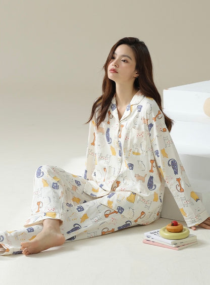 Cute Cat Print Pajama Set, Beige Shirt and Pants, Perfect for Cat Lovers