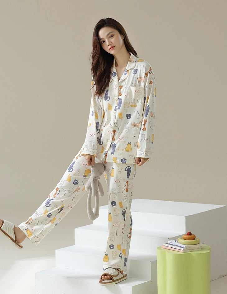 Cute Cat Print Pajama Set, Beige Shirt and Pants, Perfect for Cat Lovers