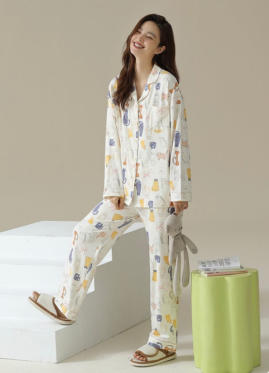 Cute Cat Print Pajama Set, Beige Shirt and Pants, Perfect for Cat Lovers