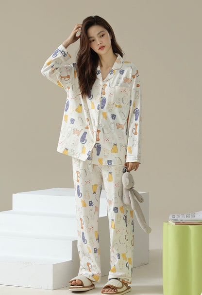 Cute Cat Print Pajama Set, Beige Shirt and Pants, Perfect for Cat Lovers