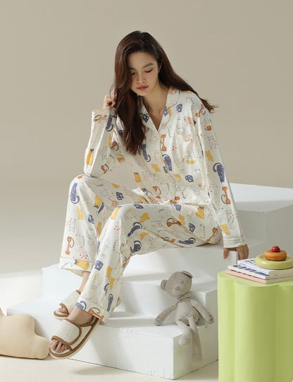 Cute Cat Print Pajama Set, Beige Shirt and Pants, Perfect for Cat Lovers
