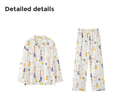 Cute Cat Print Pajama Set, Beige Shirt and Pants, Perfect for Cat Lovers
