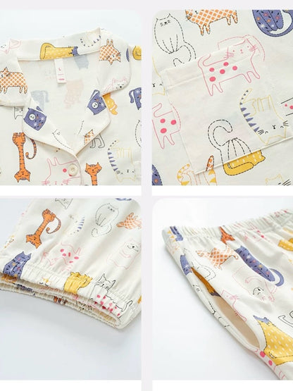 Cute Cat Print Pajama Set, Beige Shirt and Pants, Perfect for Cat Lovers