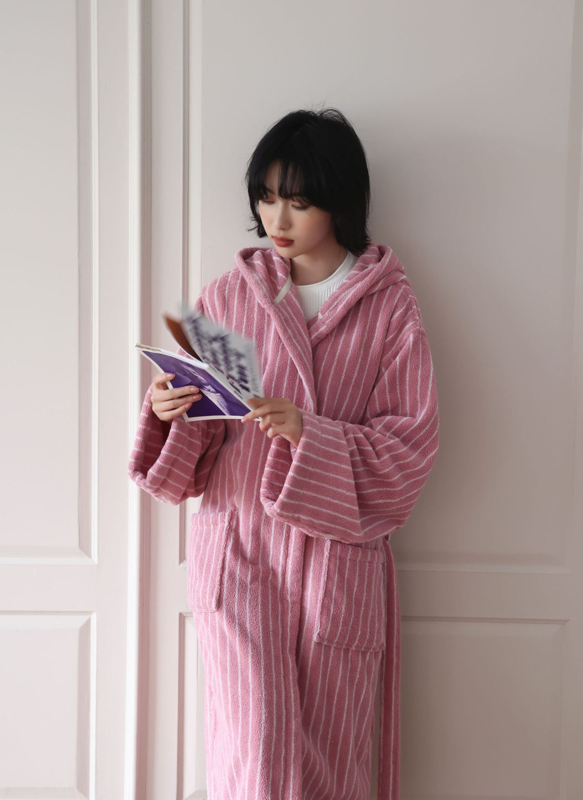 Mother and child pink striped cotton hooded bathrobes - view 1