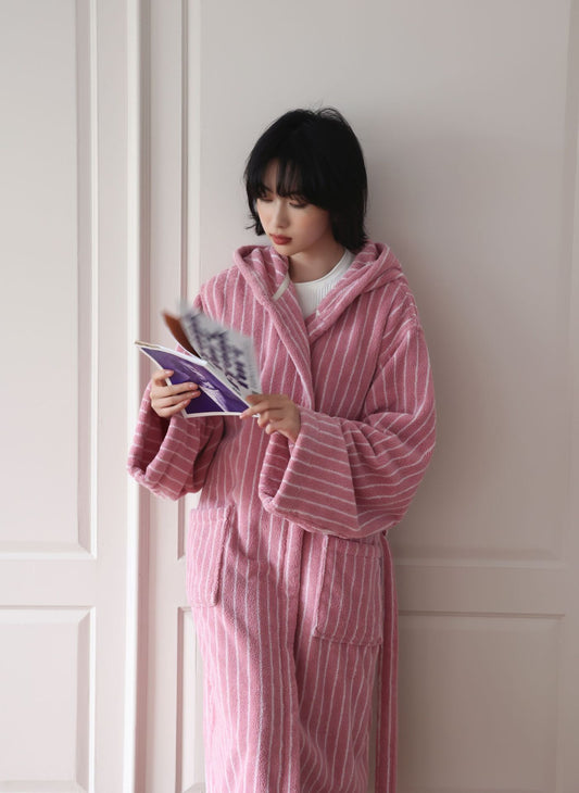 Mother and child pink striped cotton hooded bathrobes - view 1