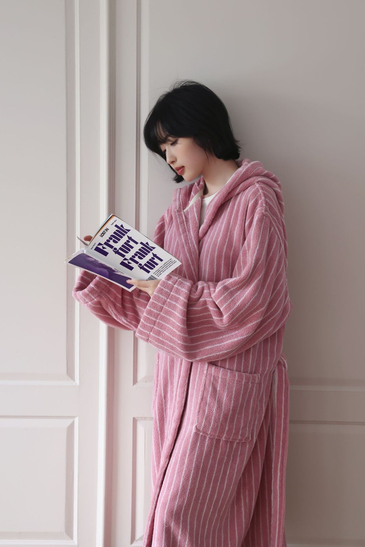 Mother and child pink striped cotton hooded bathrobes - view 3