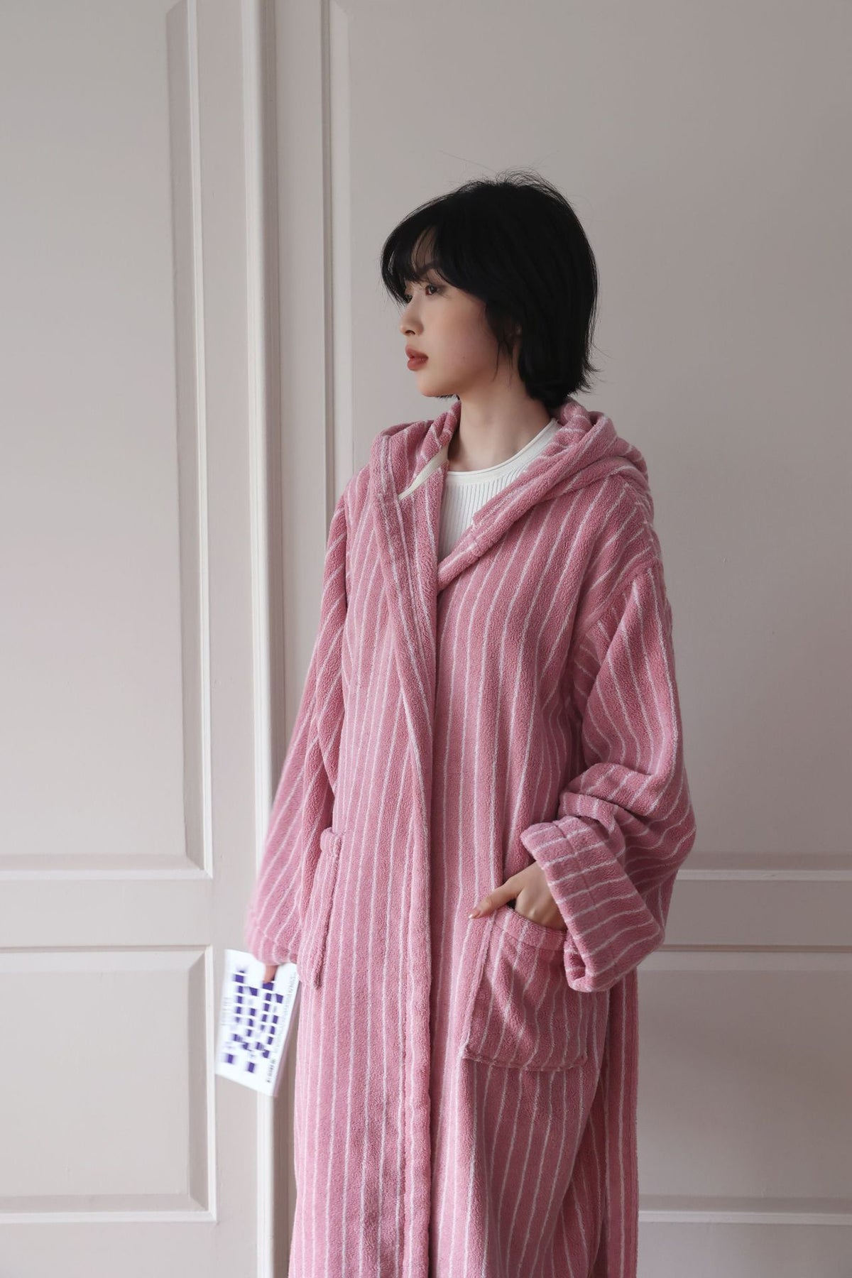 Mother and child pink striped cotton hooded bathrobes - view 9