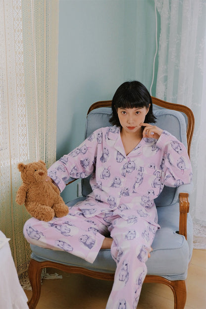 Happy bunny pajamas, Cute Rabbit print PJS, Animal lovers loungewear, Cotton made sleepwear