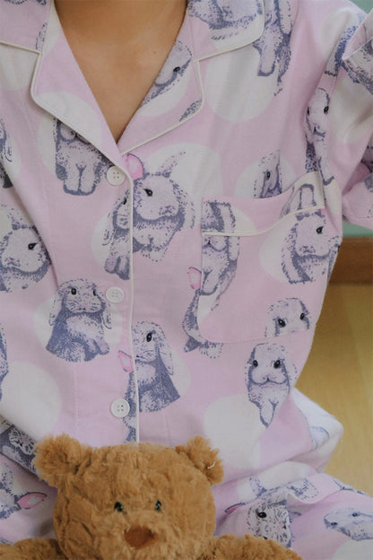 Happy bunny pajamas, Cute Rabbit print PJS, Animal lovers loungewear, Cotton made sleepwear
